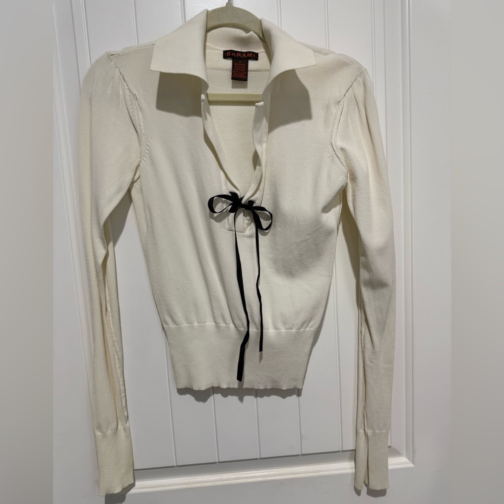 Chic Cream Blouse with Black Ribbon Accent